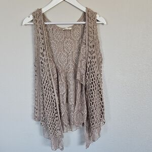 Crochet Lace Layered Vest - Neutral Taupe
